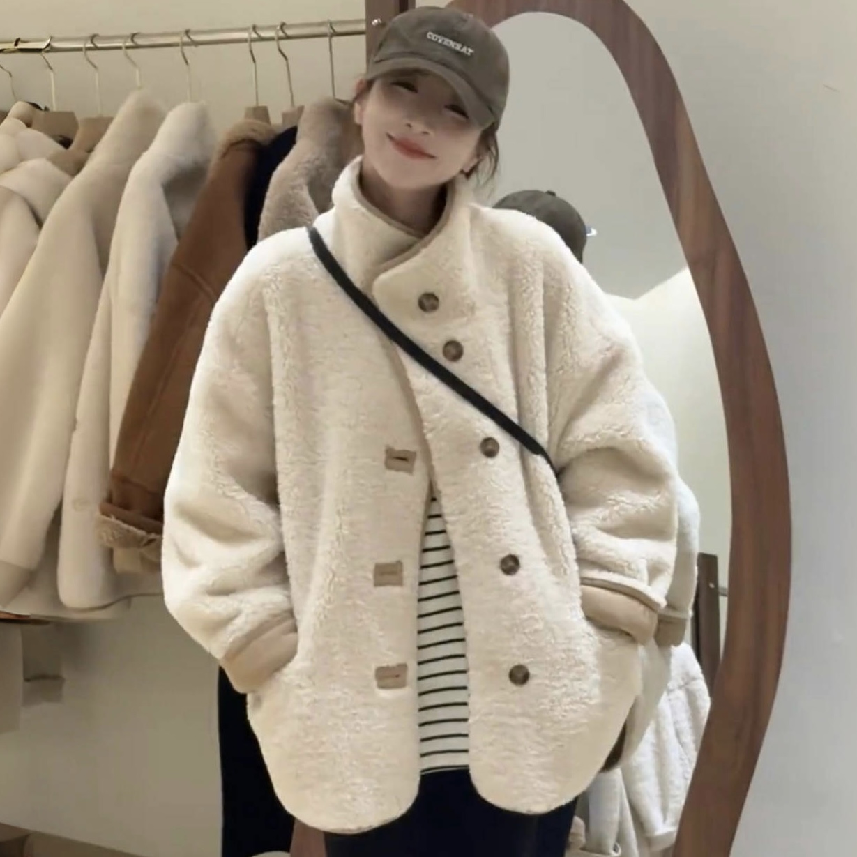 韩系小众设计中长款立领毛绒外套
