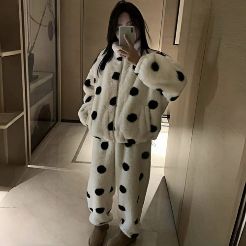 加厚加绒毛绒保暖居家服套装