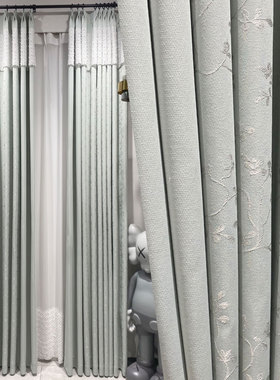 法式新中式风格浅豆绿色高精密提花面料窗帘布客厅卧室定制款