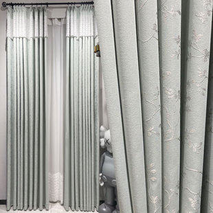 法式新中式风格浅豆绿色高精密提花面料窗帘布客厅卧室定制款