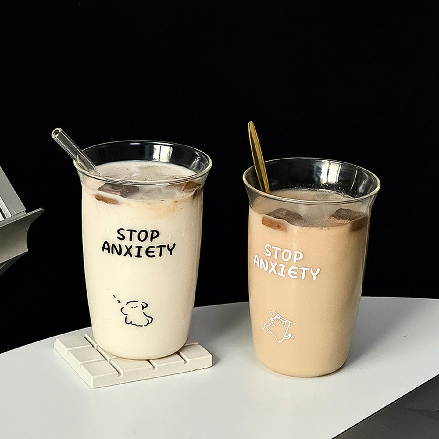 ins卡通小狗高硼硅玻璃杯拿铁吸管杯美式咖啡杯冷饮杯早餐牛奶杯