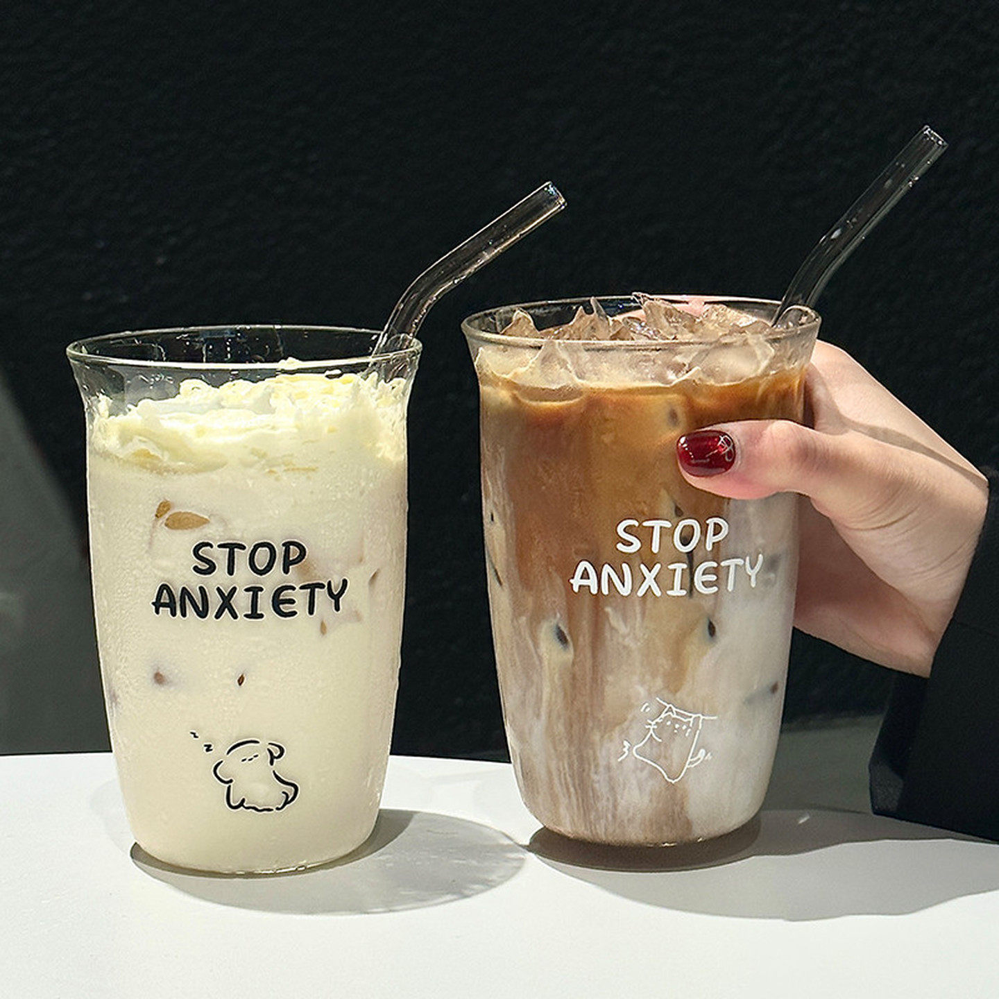 大容量吸管杯办公室高硼硅玻璃杯美式咖啡杯高颜值透明水杯子家用