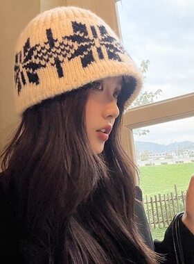 复古雪花针织冷帽女韩版白色大头围毛线帽子秋冬百搭显脸小时尚帽