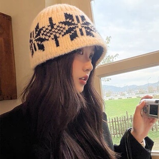 复古雪花针织冷帽女韩版白色大头围毛线帽子秋冬百搭显脸小时尚帽