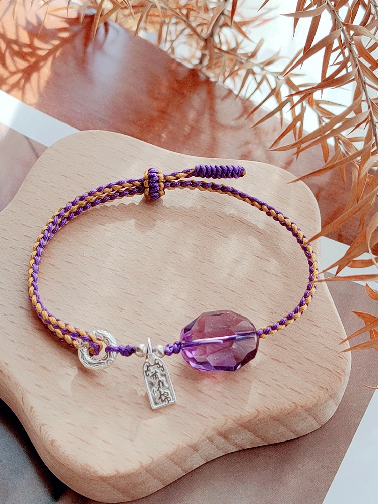 天然乌拉圭紫水晶手绳超净透紫色珠宝手链设计锦鲤运纯银福牌饰品