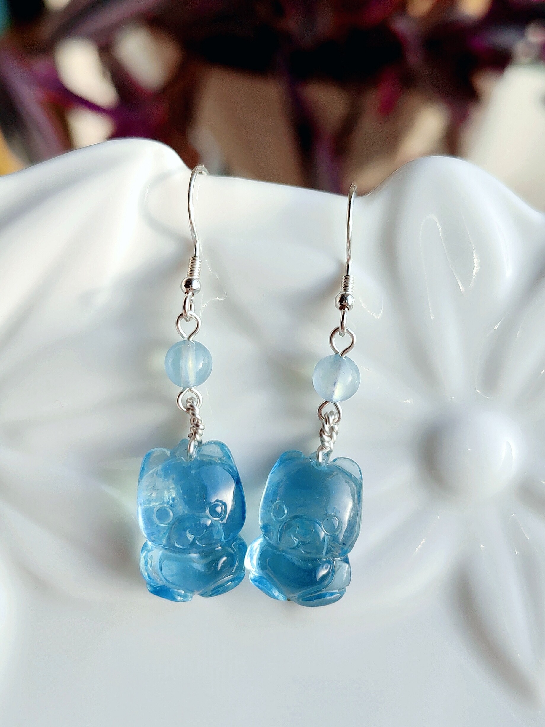 천연 아이스 아쿠아마린 귀걸이 최적화되지 않은 캣아이 등급 모거나이트 피닉스 귀걸이 롱 라이트 럭셔리  귀걸이