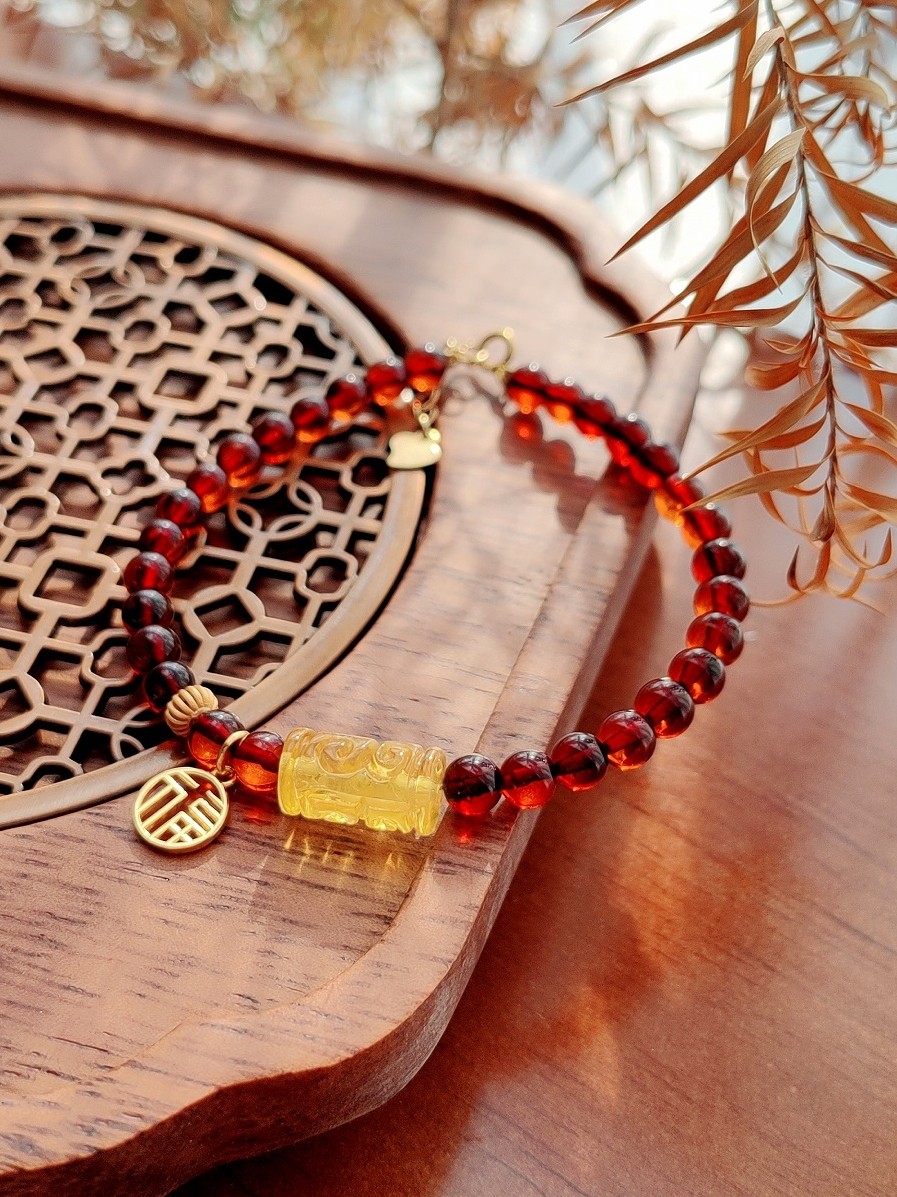 凤凰于飞天然蜜蜡血珀手链原创中式古风手串设计回纹黄色珠宝饰品