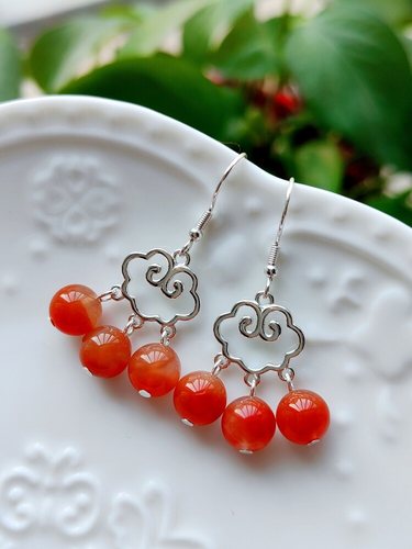 天然川料冰地飘红南红耳环冰红意境红色珠宝耳饰纯银祥云复古耳钩