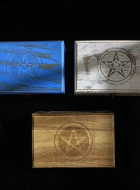复古炭烧首饰盒木盒五芒星收纳橡木箱塔罗牌盒Altar box蓝色白色