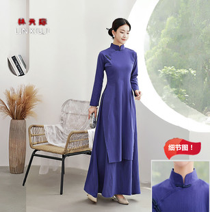 2023夏季纯棉奥黛旗袍素雅复古文艺长裙旗袍奥黛纯修身色两件套女