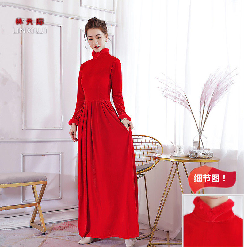 2022春季修身连衣裙长款大摆金丝绒洋装复古大红新娘礼服主持演出