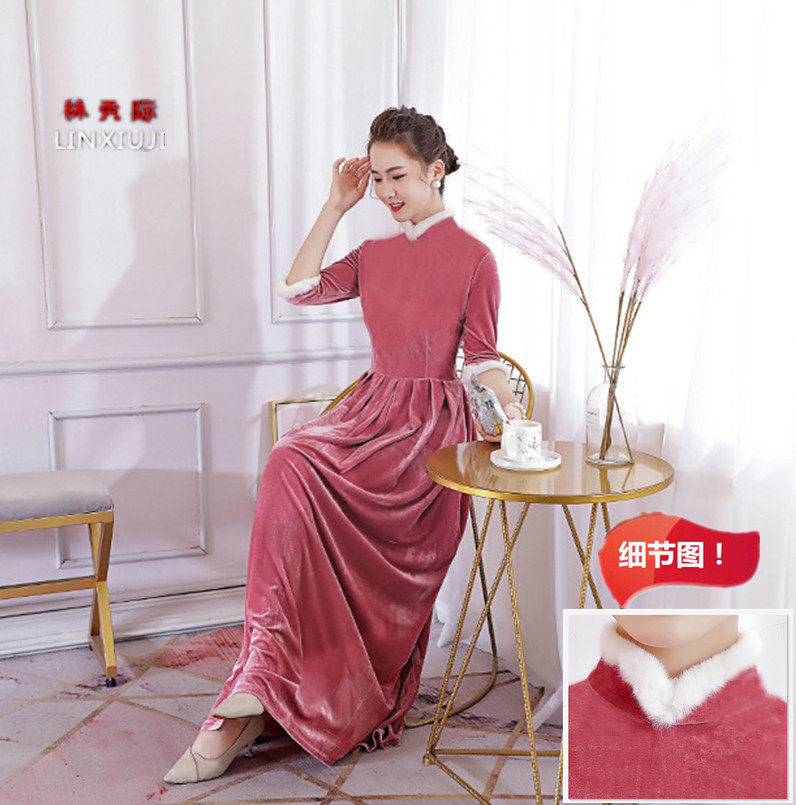 2022春天金丝绒旗袍连衣裙大摆裙名媛长款连衣裙毛领春季修身长裙