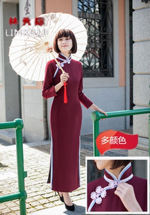 2020秋冬新款女装旗袍改良中长款修身羊毛呢长袖复古旗袍连衣裙春