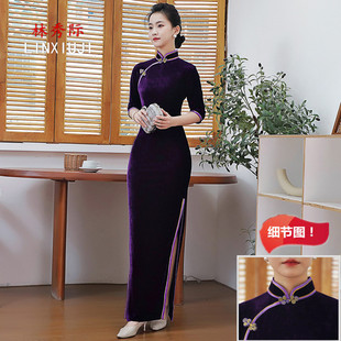 2025年秋冬旗袍长款高弹金丝绒旗袍大码中袖多色长旗袍妈妈旗袍女