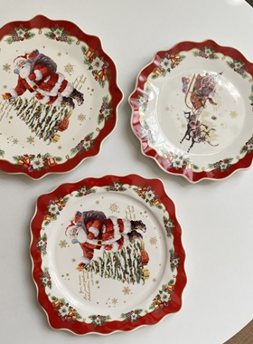 原单尾货 故里 大号陶瓷红色圣诞主题盘子波浪边高颜值方盘摆盘