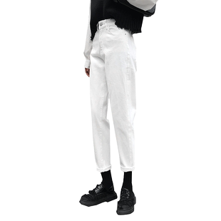 秋冬新款白色牛仔裤女加绒显瘦高腰宽松九分直筒哈伦阔腿萝卜烟管