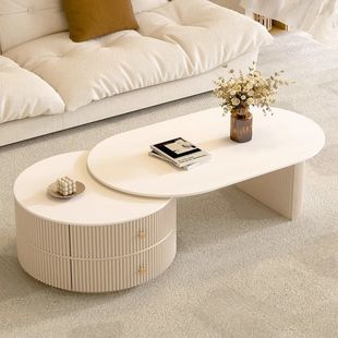 奶油风极简岩板茶几客厅家用2023新款可伸缩轻奢高级感茶几小户型