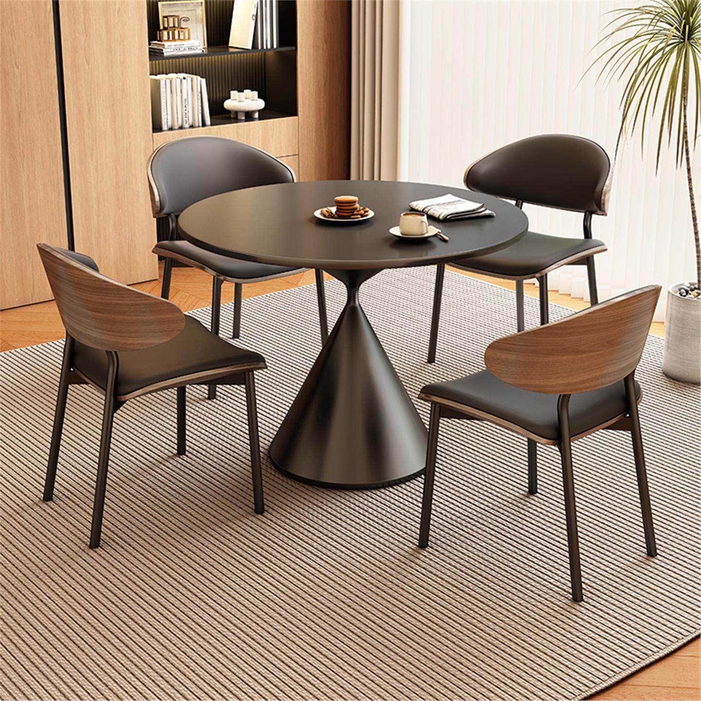中古风岩板餐桌椅组合家用轻奢黑色高级感商用小圆桌实木洽谈桌椅