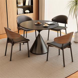 中古风岩板餐桌椅组合家用轻奢黑色高级感商用小圆桌实木洽谈桌椅