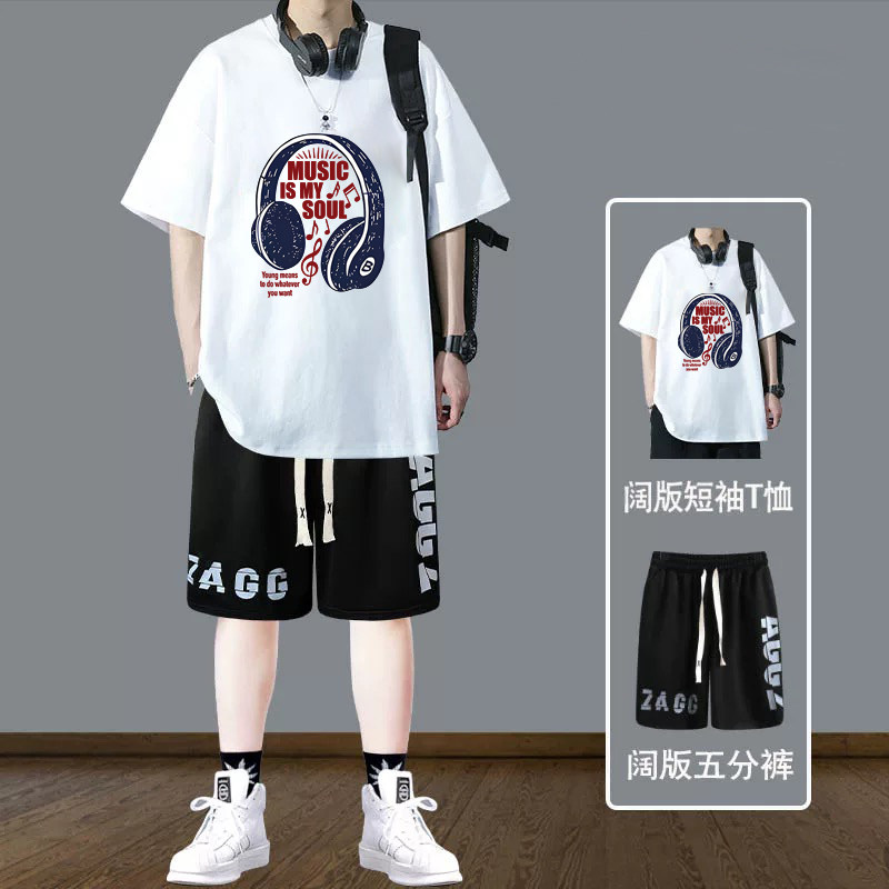 青少年2026夏季套装男生短袖T恤五分裤宽松潮流帅气嘻哈风两件套
