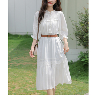 温柔风气质拼接蕾丝白色连衣裙女夏季 设计感收腰显瘦度假仙女长裙