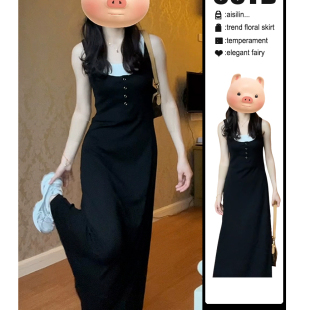 气质收腰长裙 梨形身材法式 假两件黑色吊带连衣裙子女夏季 2025新款