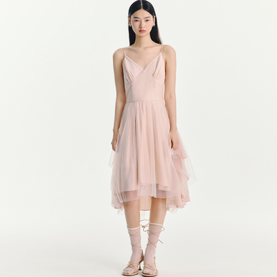 ESTER HSU 2025 SS 春夏新款两侧飘纱拼接吊带连衣裙两色明星同款