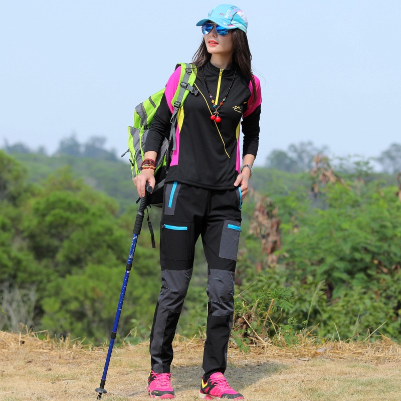 户外登山速干运动套装女长袖T恤行山徒步爬山弹力拼色快干衣裤夏