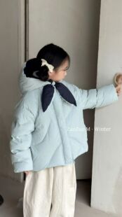 2025新款韩版中大童女童蝴蝶结连帽羽绒服帽子可拆卸