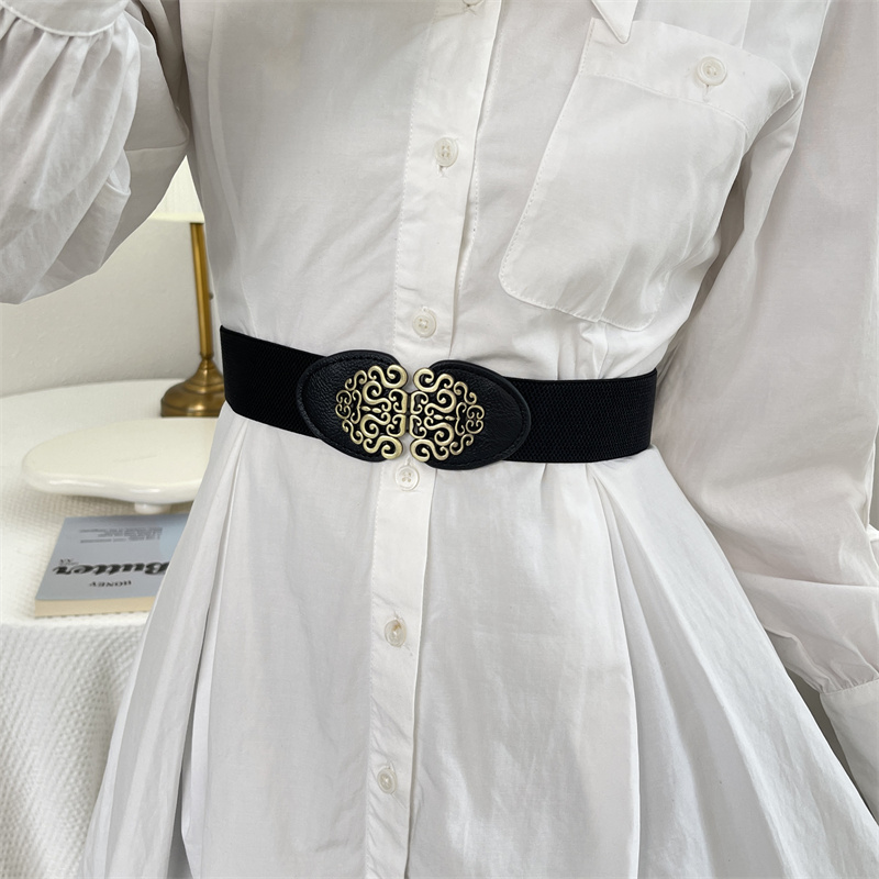 图腾卡扣腰带女装饰腰封配裙子复古松紧弹力宽皮带百搭简单束腰