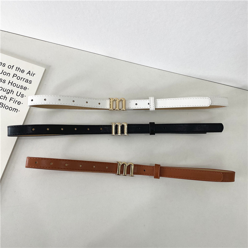 皮带女士休闲百搭简约黑色细腰带金色M卡扣装饰连衣裙裤带学