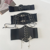 女士皮质宽腰封双扣宽腰带绑带塑身黑色外穿配饰衬衫 饰皮带 裙装