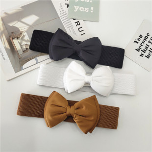 纯色珍珠蝴蝶结细腰带女装 饰腰封配裙子松紧弹力窄皮带百搭束腰