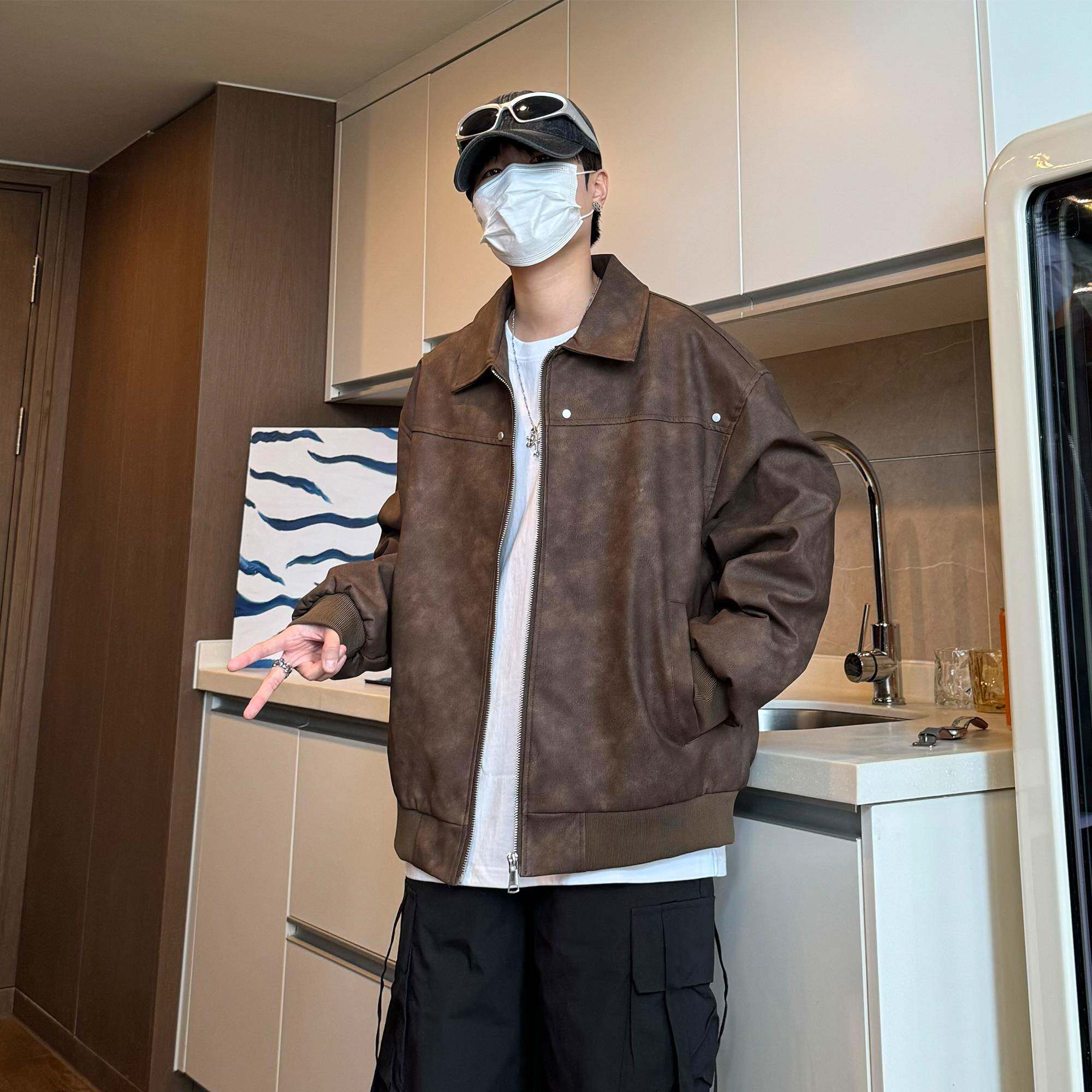 美式复古翻领皮衣男秋季新款潮牌宽松皮夹克ins休闲外套pu皮上衣