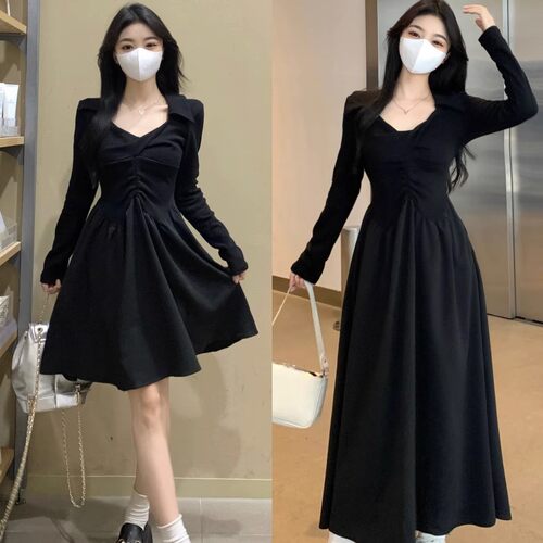 大码显瘦法式复古长袖连衣裙女