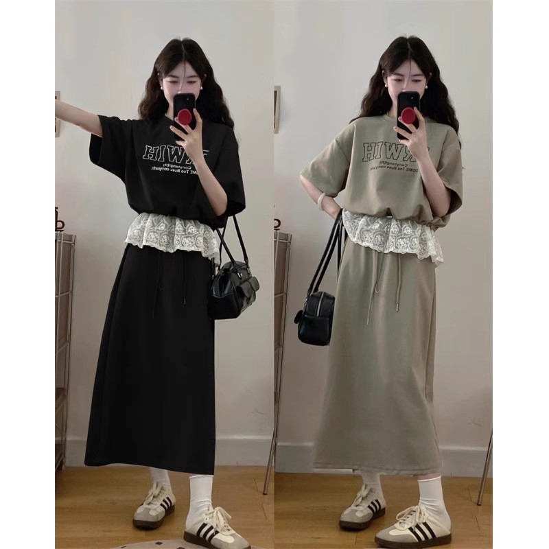 大码设计感蕾丝裙子套装女
