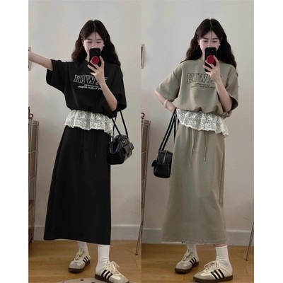 大码设计感蕾丝裙子套装女