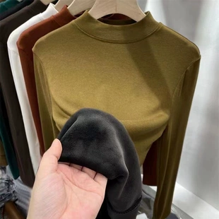 女秋冬季 T恤潮 内搭保暖长袖 加厚加绒银狐绒半高领打底衫 新款 修身