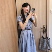 衬衫 连衣裙子女夏季 新款 韩系学院风蓝色短袖 时尚 气质高级收腰长裙