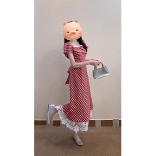 2025夏季 连衣裙女装 收腰显瘦A字长裙子 胖MM复古红色格子短袖 大码