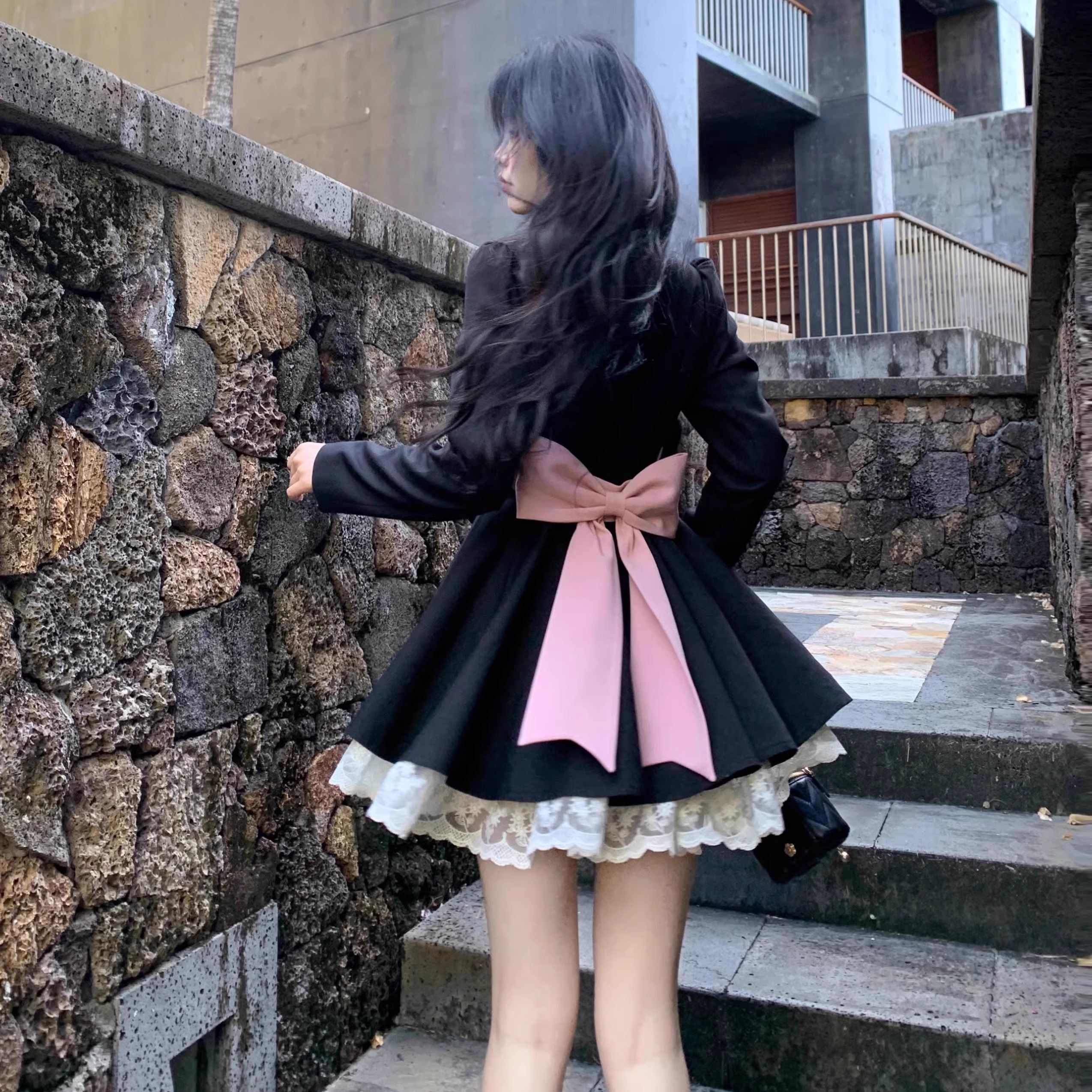 大码胖mm甜酷学院风西装连衣裙女士2024春秋季新款蝴蝶结蕾丝裙子