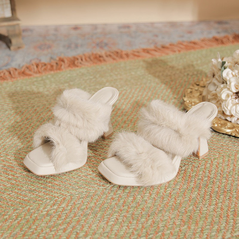 teshop 法式高跟鞋 毛毛绒 晚风气质毛拖鞋