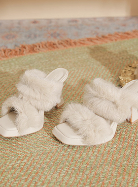 teshop 法式高跟鞋 毛毛绒 晚风气质毛拖鞋