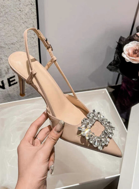 teshop 尖头裸色方扣水钻高跟鞋 细跟浅口单鞋