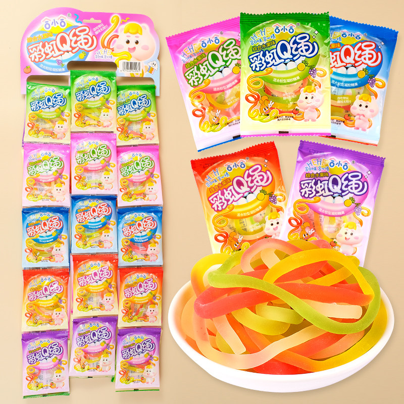 长条彩绳软糖qq糖混合果汁糖彩虹橡皮糖酸砂彩绳糖网红缤纷果味
