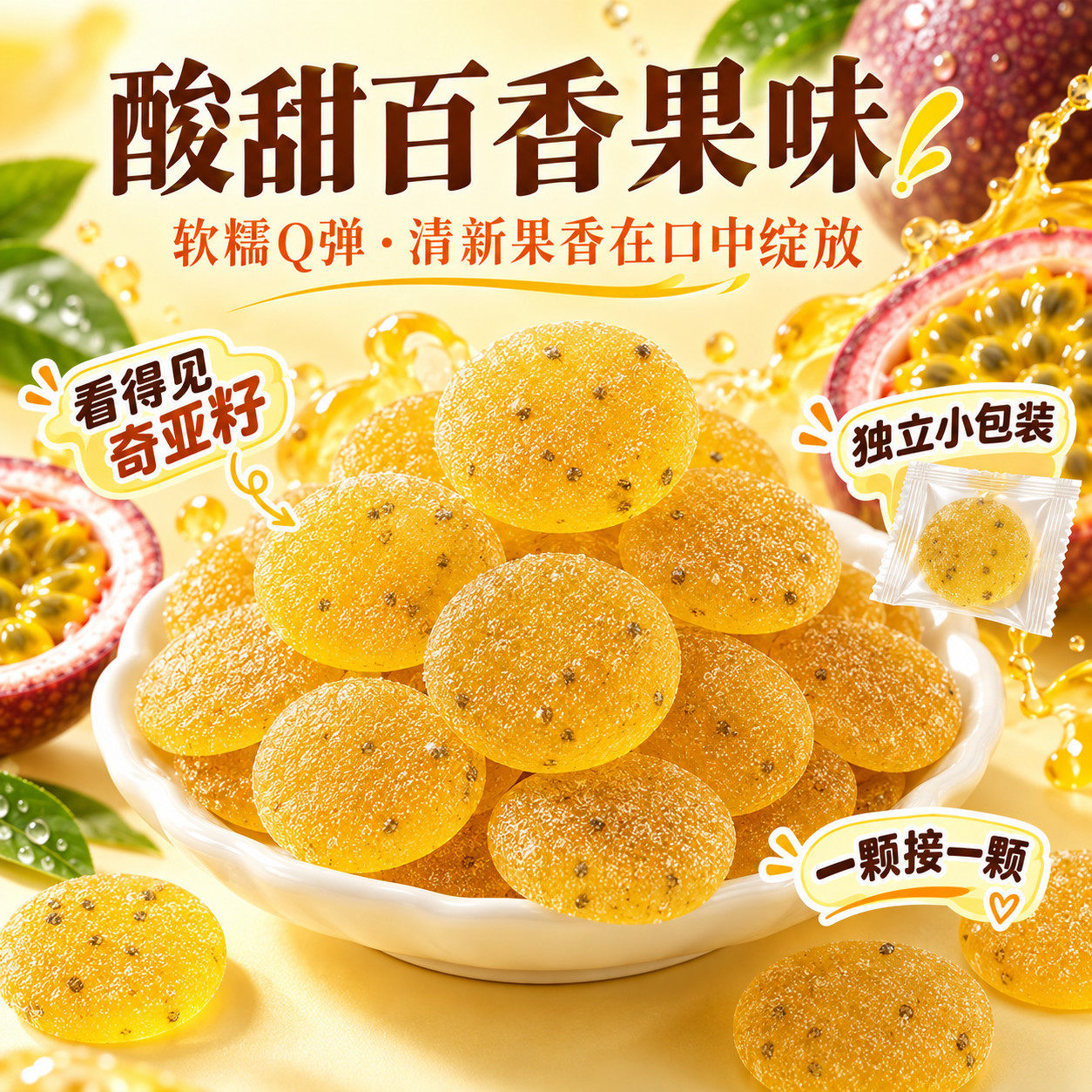 奇亚籽水果软糖果百香果猕猴桃味凝胶糖果校园摆摊小吃果味糖果