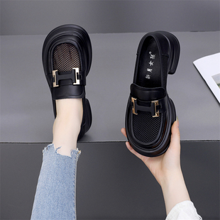 网纱乐福鞋女一脚蹬2026夏季女镂空透气单鞋英伦风黑色网面大码41