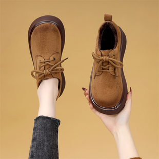 勃肯鞋厚底系带乐福鞋女2025新款秋冬复古百搭小个子增高勃肯棉鞋