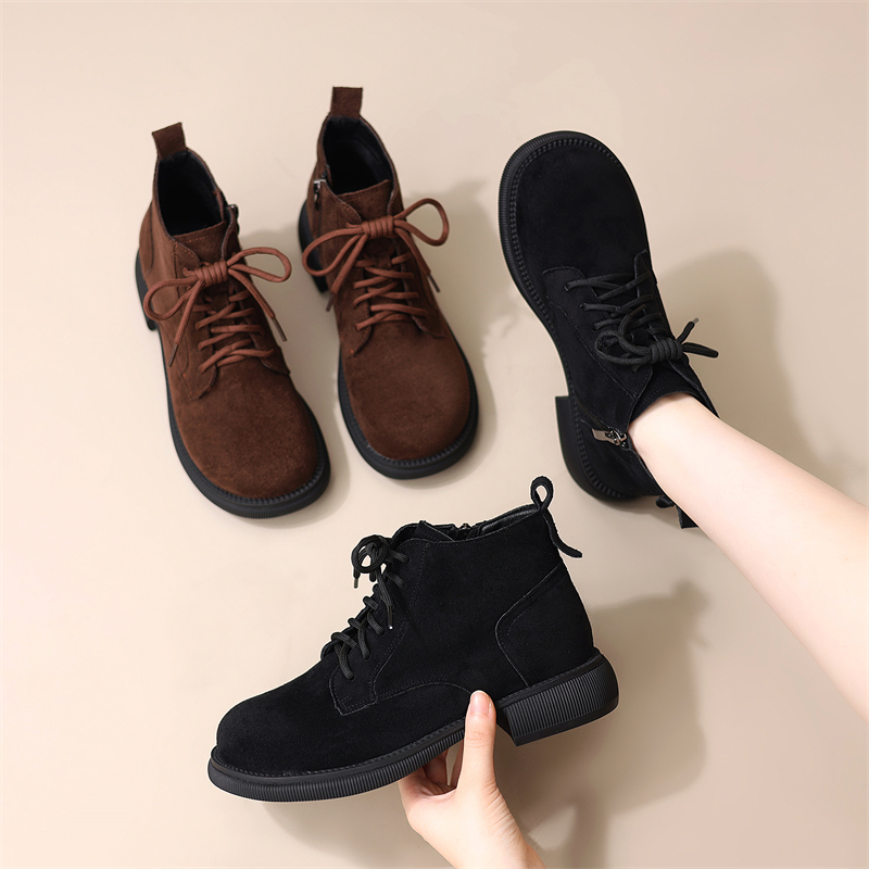 绒面磨砂加绒小短靴女2025秋冬新款平底系带女鞋低跟马丁靴大码41