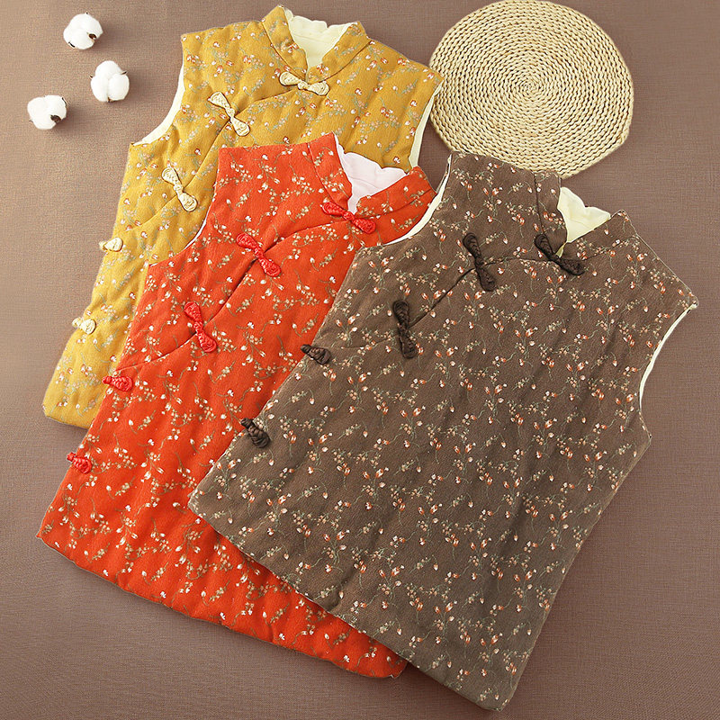 手工纯棉花秋冬季女士斜襟马甲成人灯芯绒外出加厚保暖坎肩背心